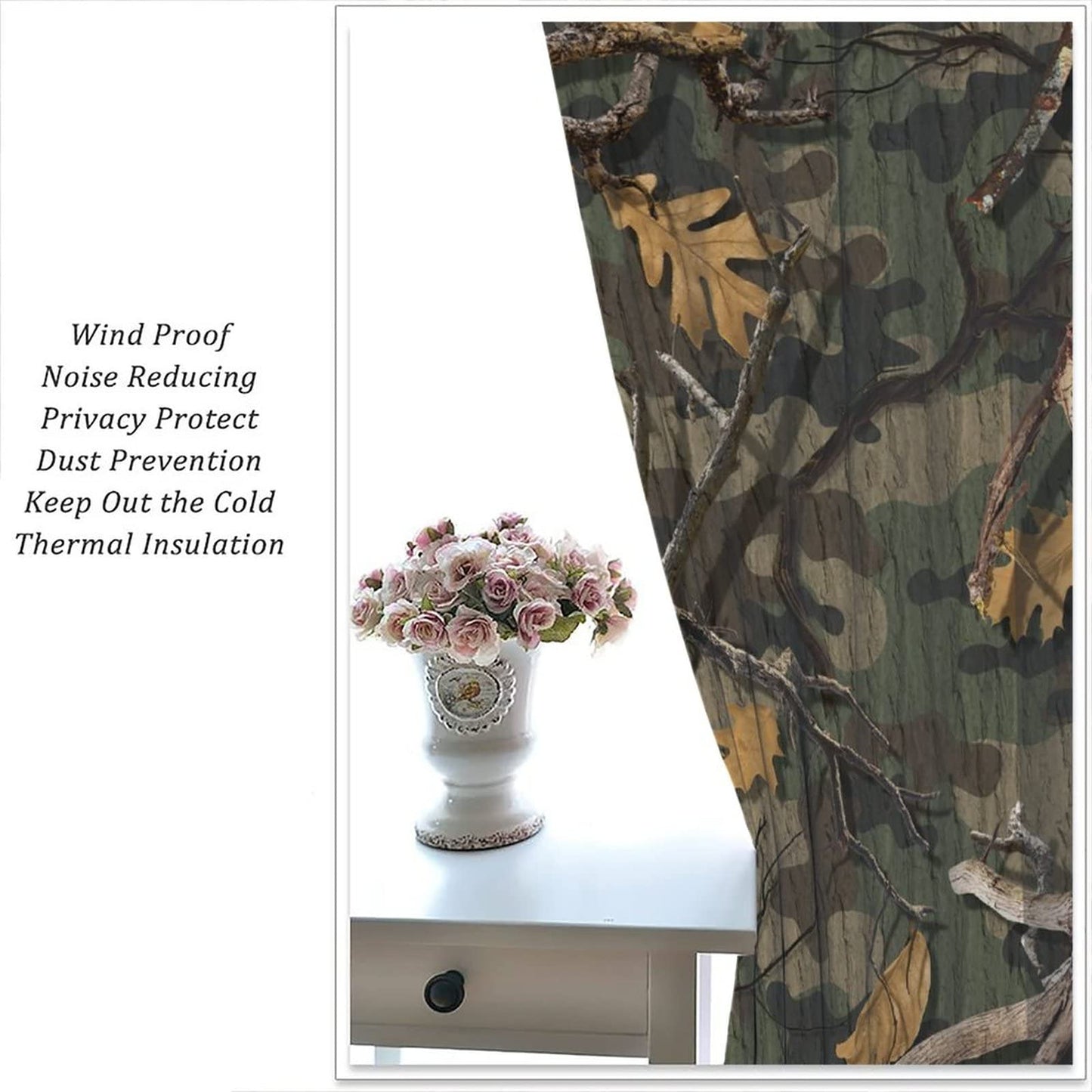 Camouflage Window Curtains,Forest Camo Branches Leaves Hunting Camp Cabin Balckout Window Drapes for Living Room Bedroom Kitchen Decor W42xL45in
