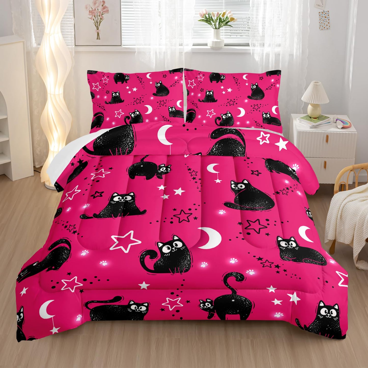 Nttopship Pink Cartoon Cat Comforter Twin Size,Black Cats Moon Night Starry Sky Quilt Set for Girls Boys Teens Animals Print Room Decor Soft Microfiber Comforter and 2 Pillowcases