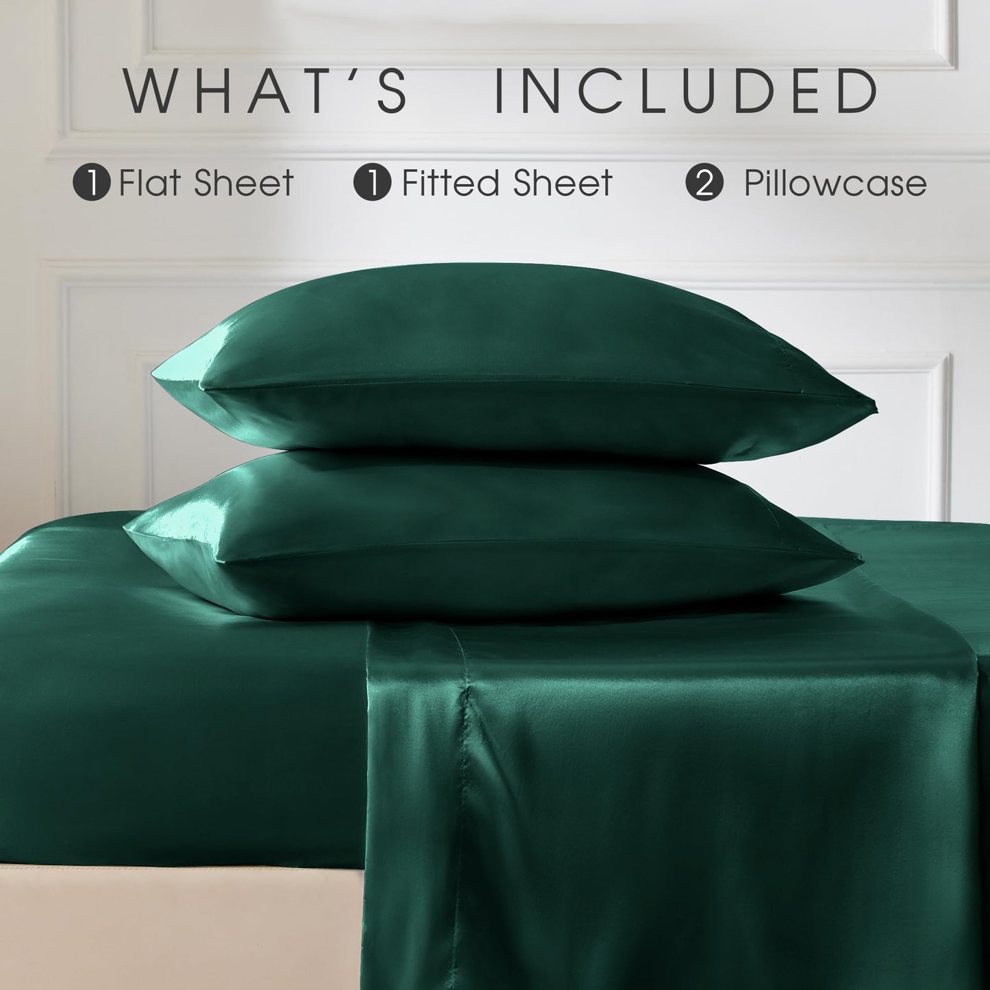 FreshCulture Satin Sheets Full Size - 4 Piece Luxury Soft Silky Full Size Bed Sheets, Similar to Silk Bed Sheet Set with 1 Deep Pocket Fitted Sheet, 1 Flat Sheet & 2 Pillowcases (Dark Green)