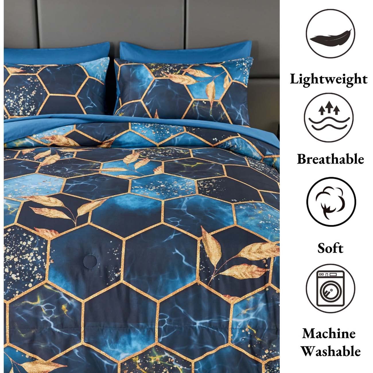 ANGIYUIN 7 Pieces Blue Gold Bed in A Bag Full Geometric Hexagon Theme Bedding Sets Gold Trim Comforter Set, Luxury Steel Blue Gold Foil Print Bed Sets with Pillowcases Sheets (Blue Full)
