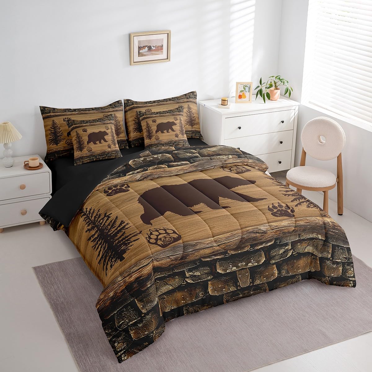 Feelyou Bear Farmhouse Bed in a Bag Boys Queen Size, 7 Pieces Cute Bear Bedding Set for Kids, Ultra Soft Wildlife Decor Bed Set Includes Comforter, Sheet Set, Pillowcases