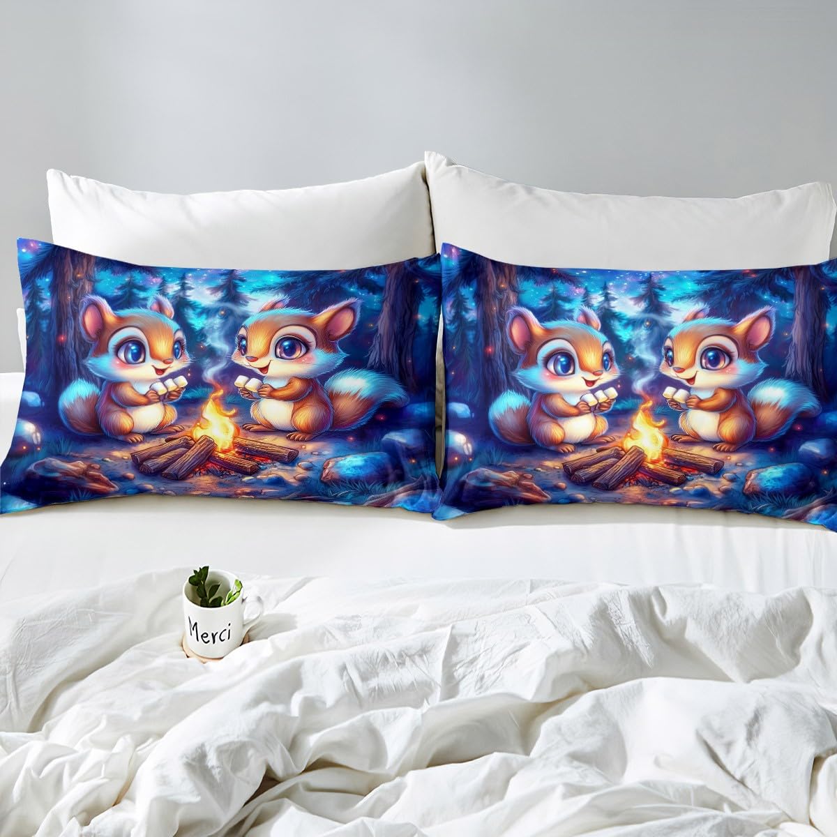 Kawaii Squirrel Kids Fitted Sheet Twin Size,Starry Sky Adventure Camping Campfire Bedding Set,Boys Girls Room Decor,Cartoon Jungle Animal Rustic Bed Cover,Blue Bed Sheet,1 Pillowcase(No Top Sheet)