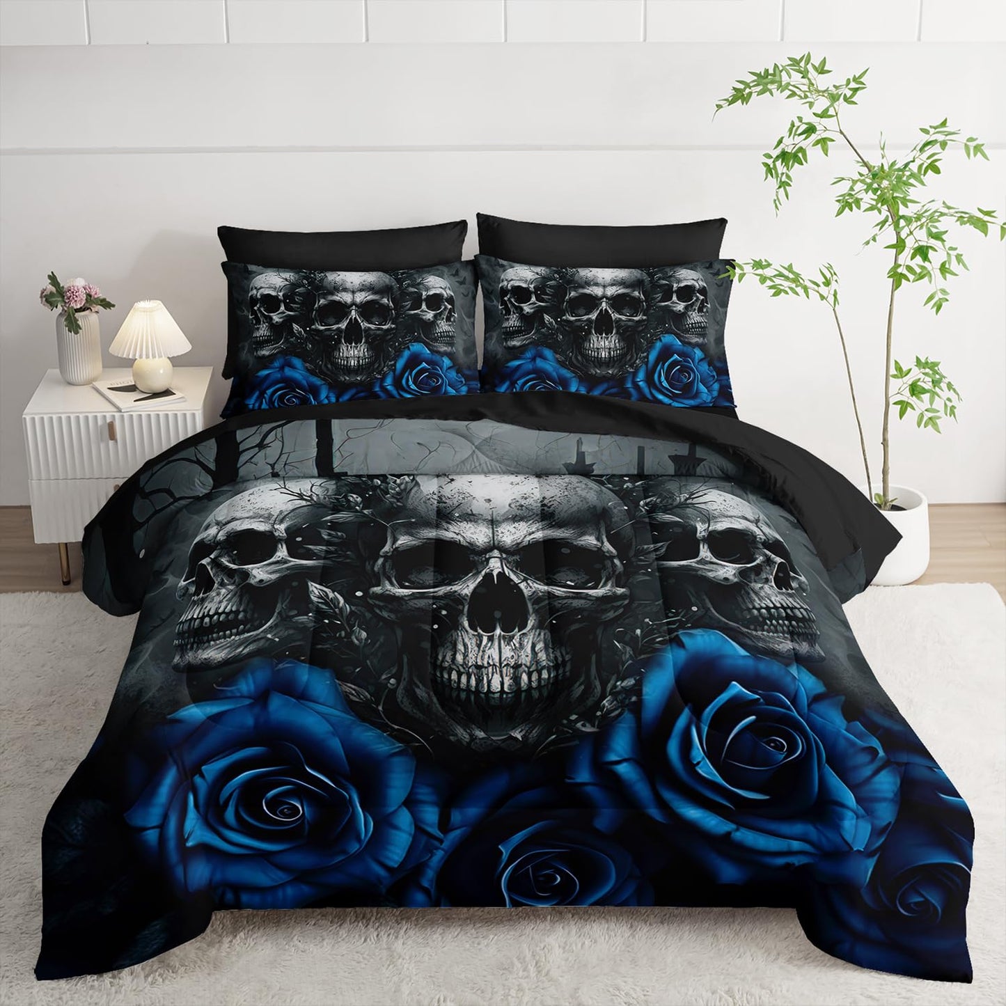 Tuzaovy Black Skull Comforter Set 7 Piece Twin Size Bed in A Bag,Goth Bedding for Room Decor,Soft Western Comforter Boho Hippie Bedding with Fitted Sheet,Flat Sheet, Pillowcases & Shams