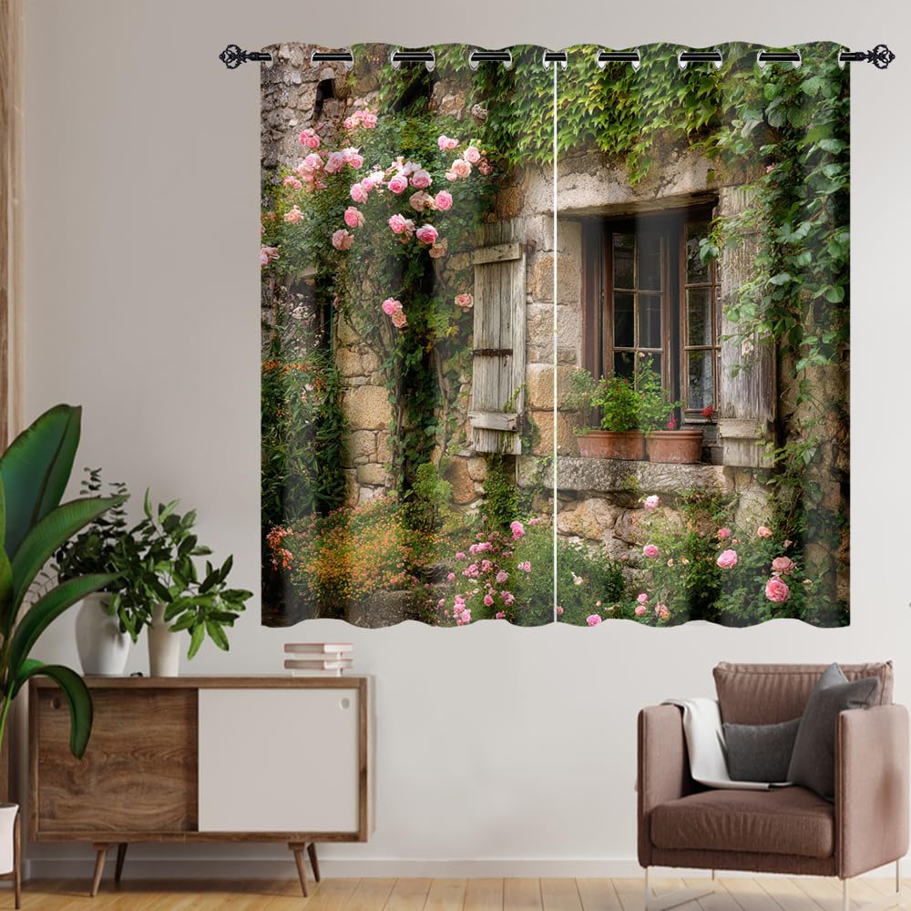 XSUPFLYM Retro Fantasy Stone House Window Perforated Curtains Modern Aesthetic Spring Garden Plant Ivy Flowers Print Thermal Curtains Suitable for Bedroom 2 Panels Each 21" W x 45" L
