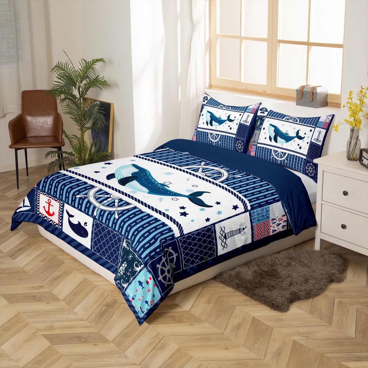Homewish Sea Whale Duvet Cover Set Full Size,Nautical Anchor Ship Rudder Plaid Comforter Cover with 2 Pillowcases,Navy Blue Ocean Geometric Breathable Bedspread for Boys Teens,Pillow Sham
