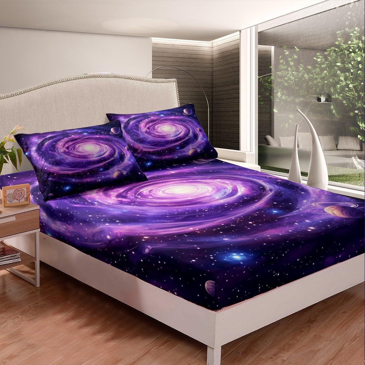 Outer Space Kids Fitted Sheet Full Size,Planets Glitter Starry Sky Galaxy Romantic Bedding Set,Boys Girls Room Decor,Geometric Vortex Bed Cover,Purple Bed Sheet,2 Pillowcases
