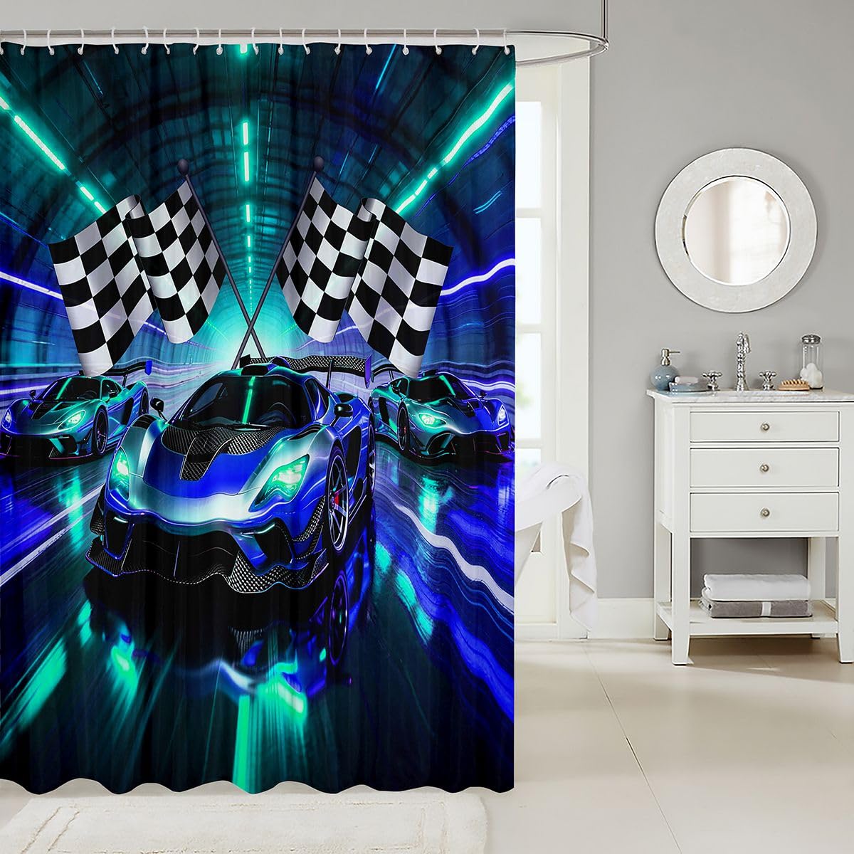 Feelyou Boys Race Car Shower Curtain for Bathroom Decor Sports Racing Car Bath Curtain for Stalls Bathtubs Extreme Sports Bathroom Accessories Waterproof Polyester Fabric with 12 Hooks 72"x72"