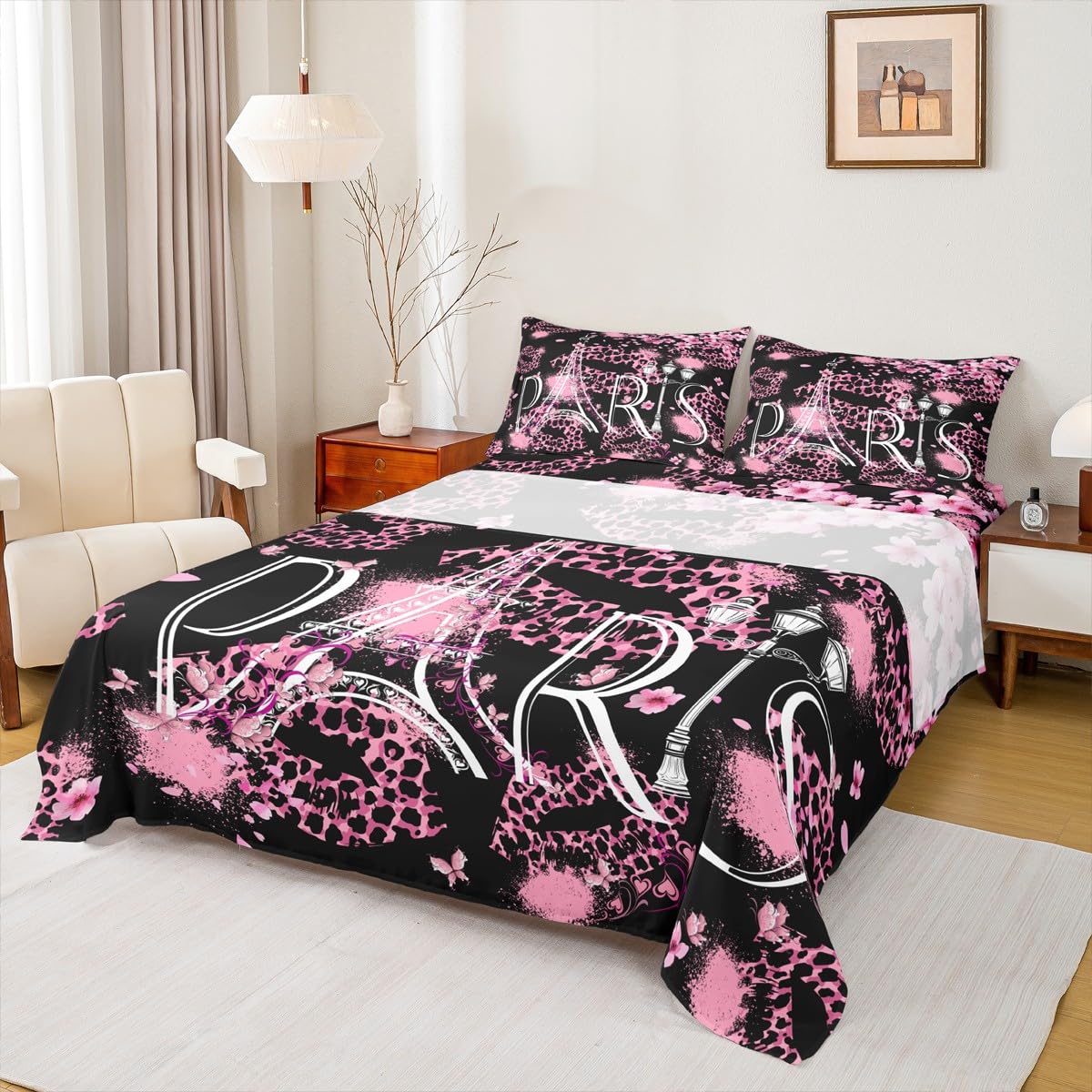 Homewish Eiffel Tower Sheet Set Full,Leopard Lips Bedding Set for Kids Teens Girls,Peach Blossom Pink Paris Romantic Bed Sheet Set 4pcs with Deep Pocket Fitted Sheet + Flat Sheet + 2 Pillowcases