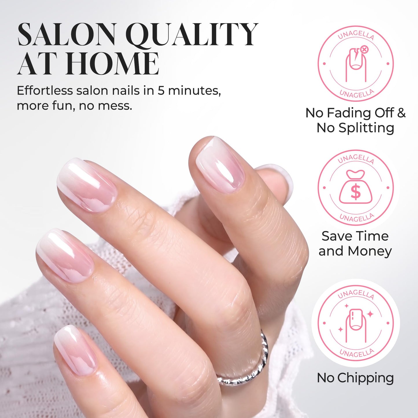 UNA GELLA Short Square Press On Nails - 32Pcs 16 Sizes Baby Boomer French Ombre Fake Nails with Glue and Adhesive Tabs, High Gloss Reusable Glue On Nails Kit for Women Manicure