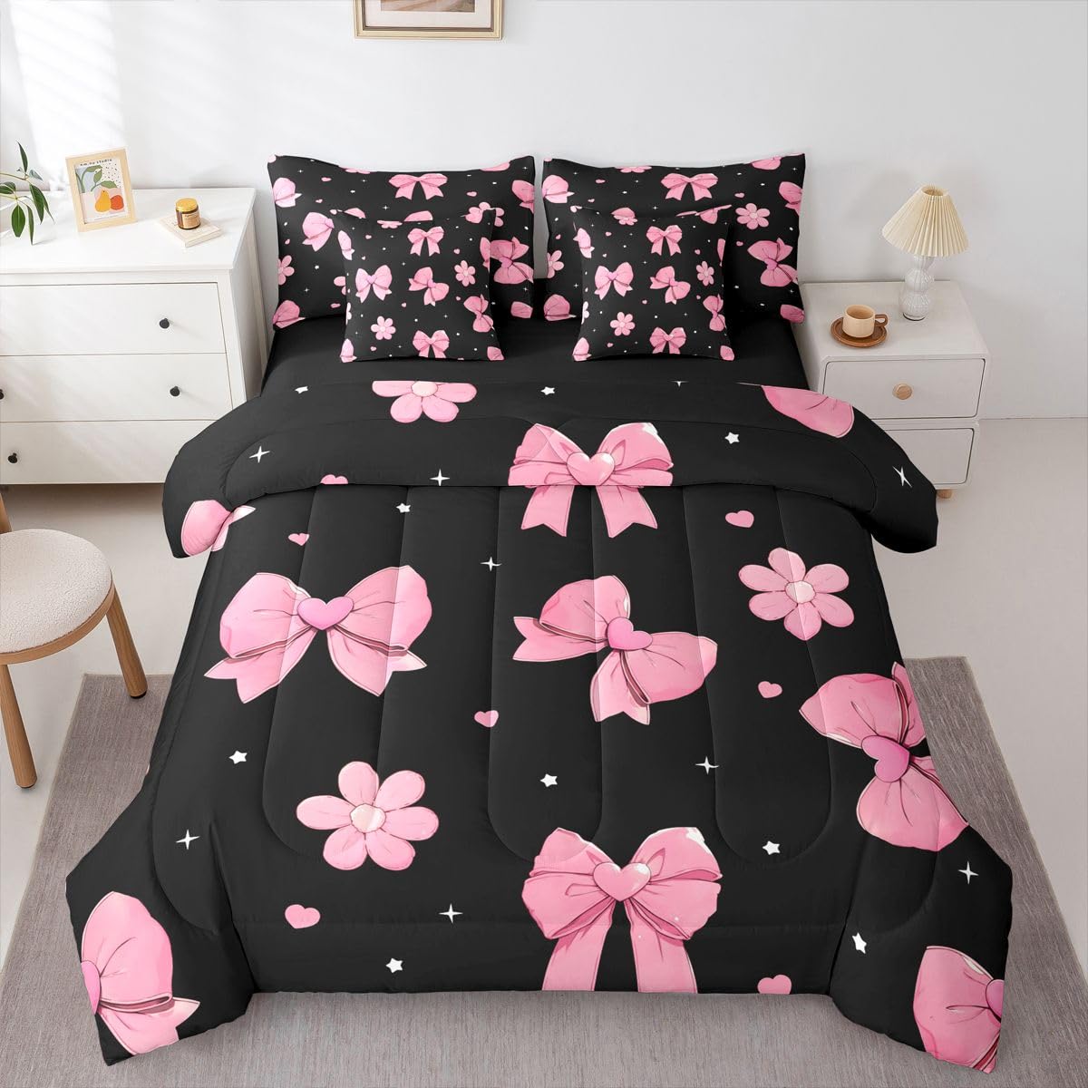 Erosebridal Bowknot 7 Piece Comforter Set King Size Black Pink Bedding Set for Girls Kids Bedroom Pink Bows Comforter Microfiber Bow Heart Pattern Bed in A Bag with Sheets Flower Bed Set