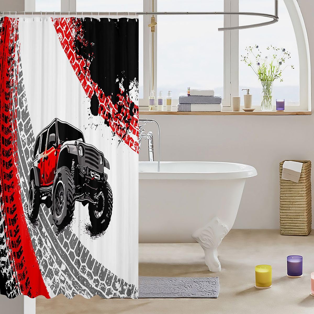 Feelyou Car Shower Curtain 72"x78" Offroad Vehicle Wheel Print Bath Curtain for Boys Girls Teens Truck Bathroom Shower Curtain Set Racing Car Kids Bathroom Accessories Red Black