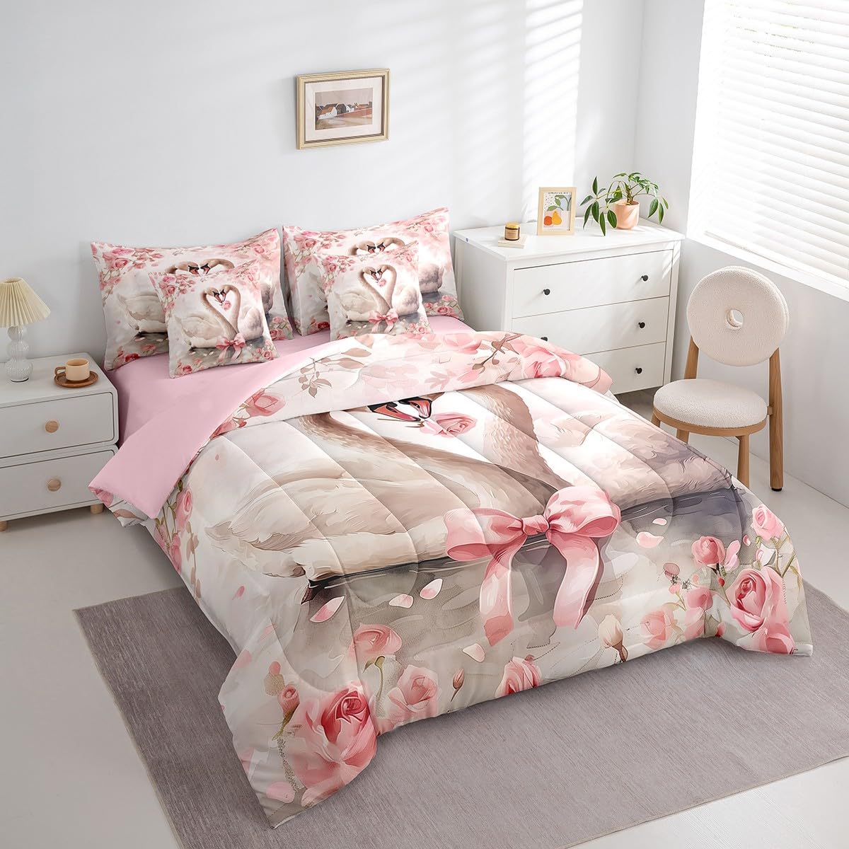 Erosebridal Valentine's Day Queen Comforter Set 7 Piece Bow Swan Romantic Roses Bedding Set for Adults Men Women,Animal Couple Bed in A Bag Pink Flowers Leaves Bed Set Room Decor