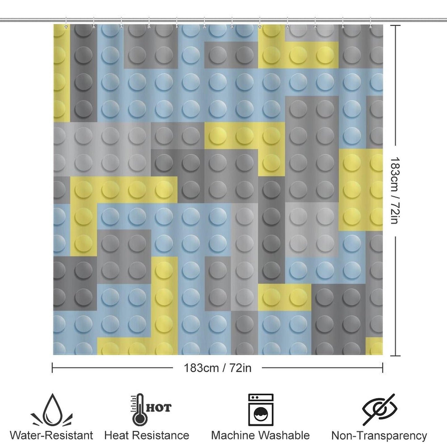 Building Blocks Bathroom Set, Funny Shower Curtain Set 4PCS with Non-Slip Rugs, Toilet Lid Cover Bath Mat and 12 Hooks
