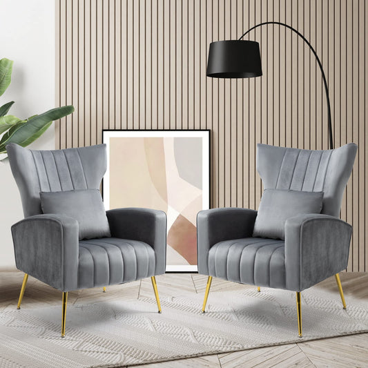 X-VOLSPORT Velvet Accent Chairs Set of 2, Mid Century Modern High Back Living Room Chair with Waist Pillow, Upholstered Arm Chair with Metal Gold Legs for Bedroom, Club, Grey