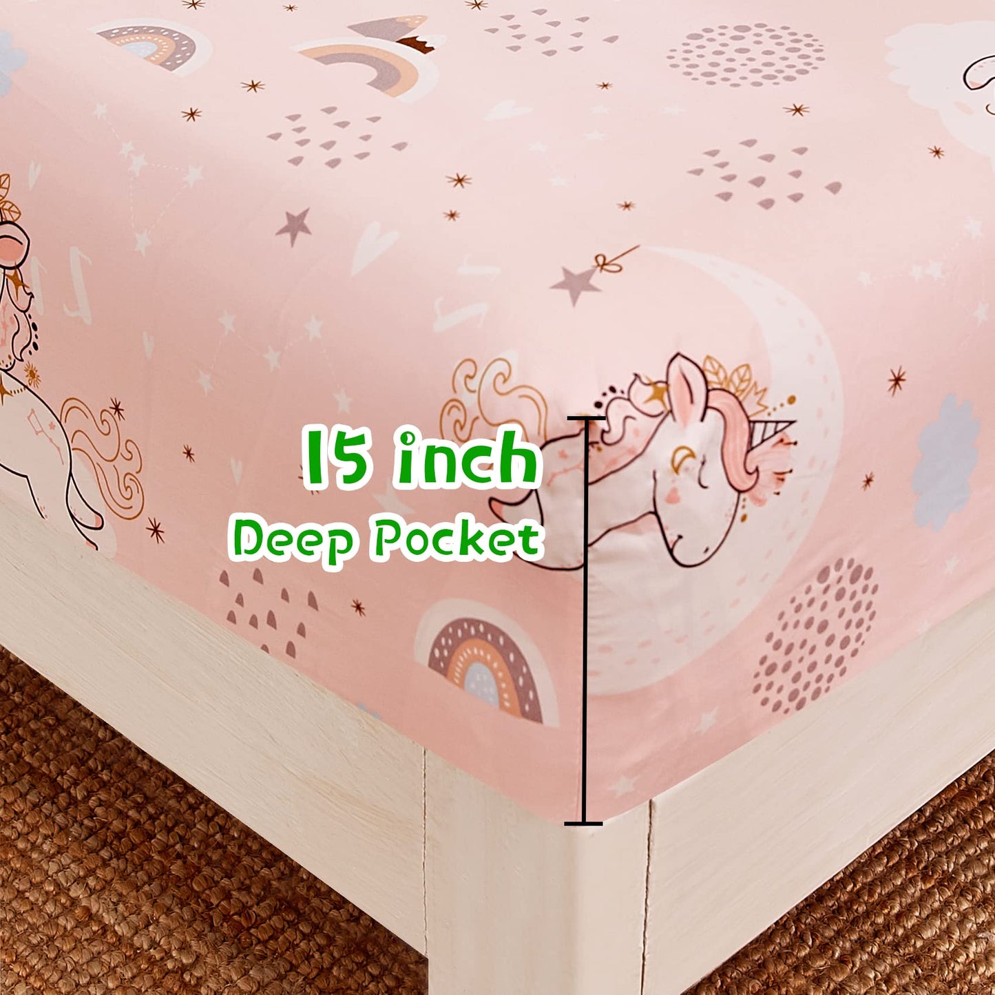 JSD Pink Unicorn Kids Sheet Set Full Size, 4 Piece Girls Rainbow Printed Microfiber Bed Sheets Deep Pocket