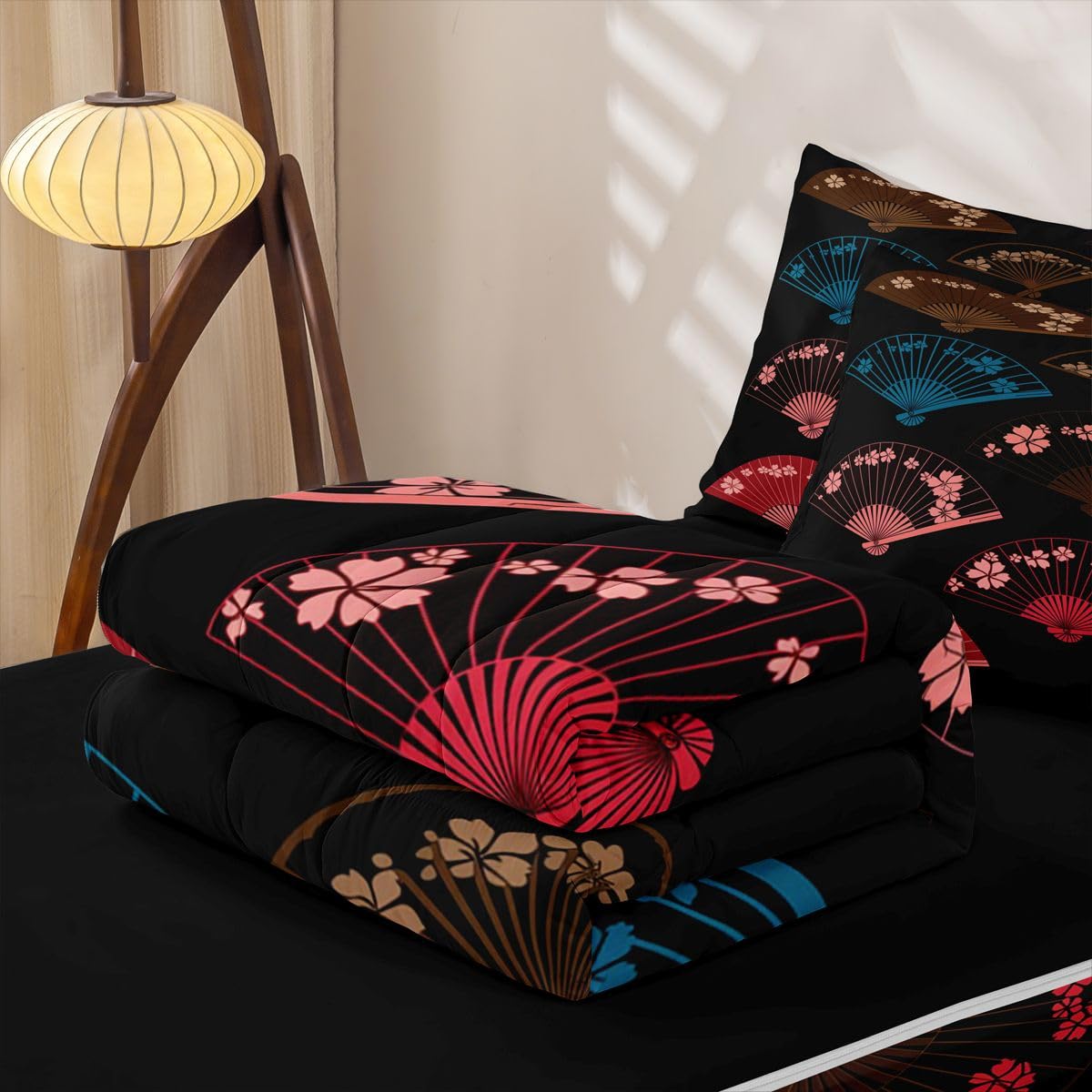 Erosebridal Japanese Kids Comforter Set with Zipper, Japanese Fan Twin Size Zipper Bedding Set, Colorful Japan Style Fans Bed-in-A-Bag