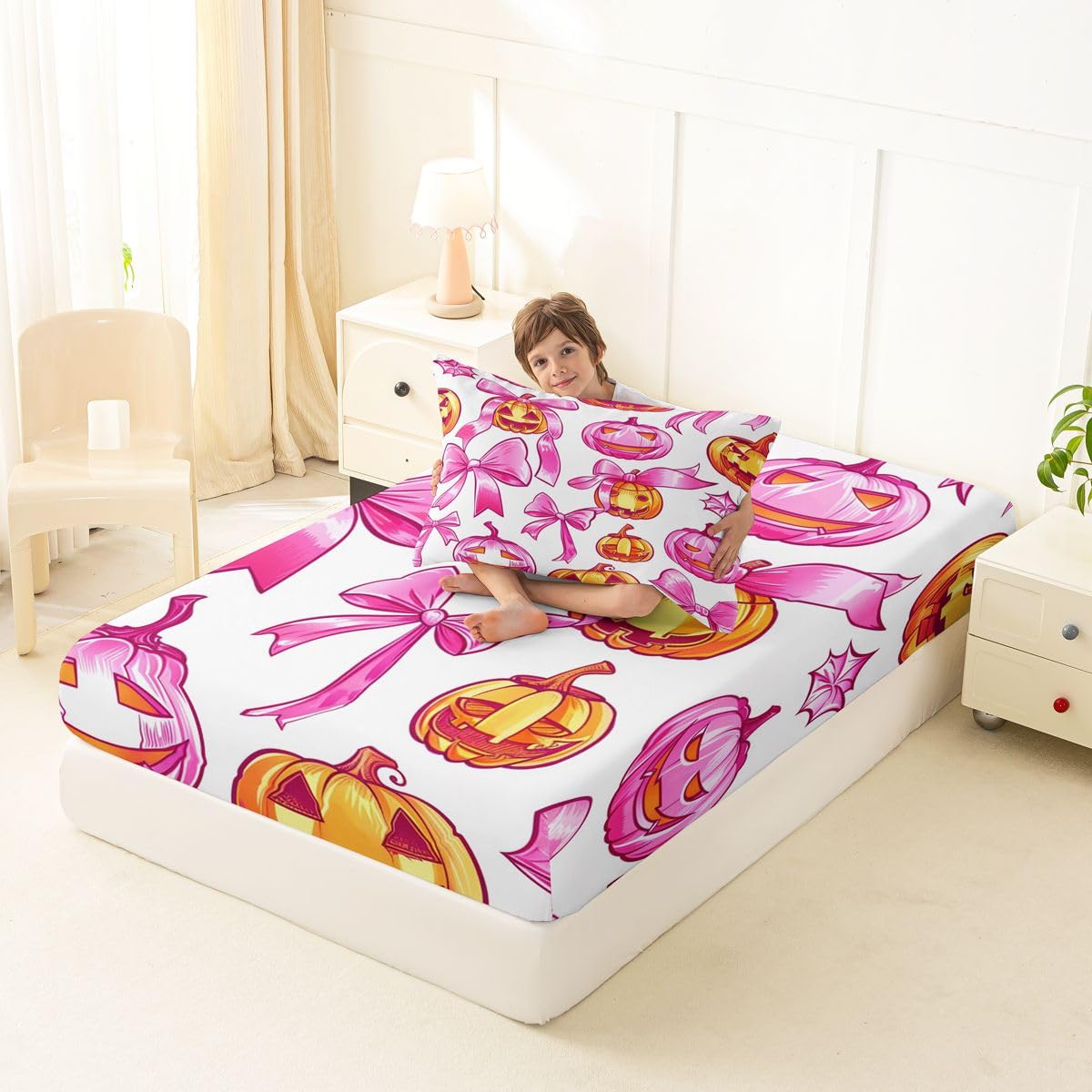 Feelyou Fitted Sheet with 1 Pillowcase Twin Size Halloween Themed Bed Sheets Set 16" Deep Pocket Boys Girls Bowknot Bedding Pink Orange Teens Bedroom Decor Breathable Soft Lightweight Microfiber