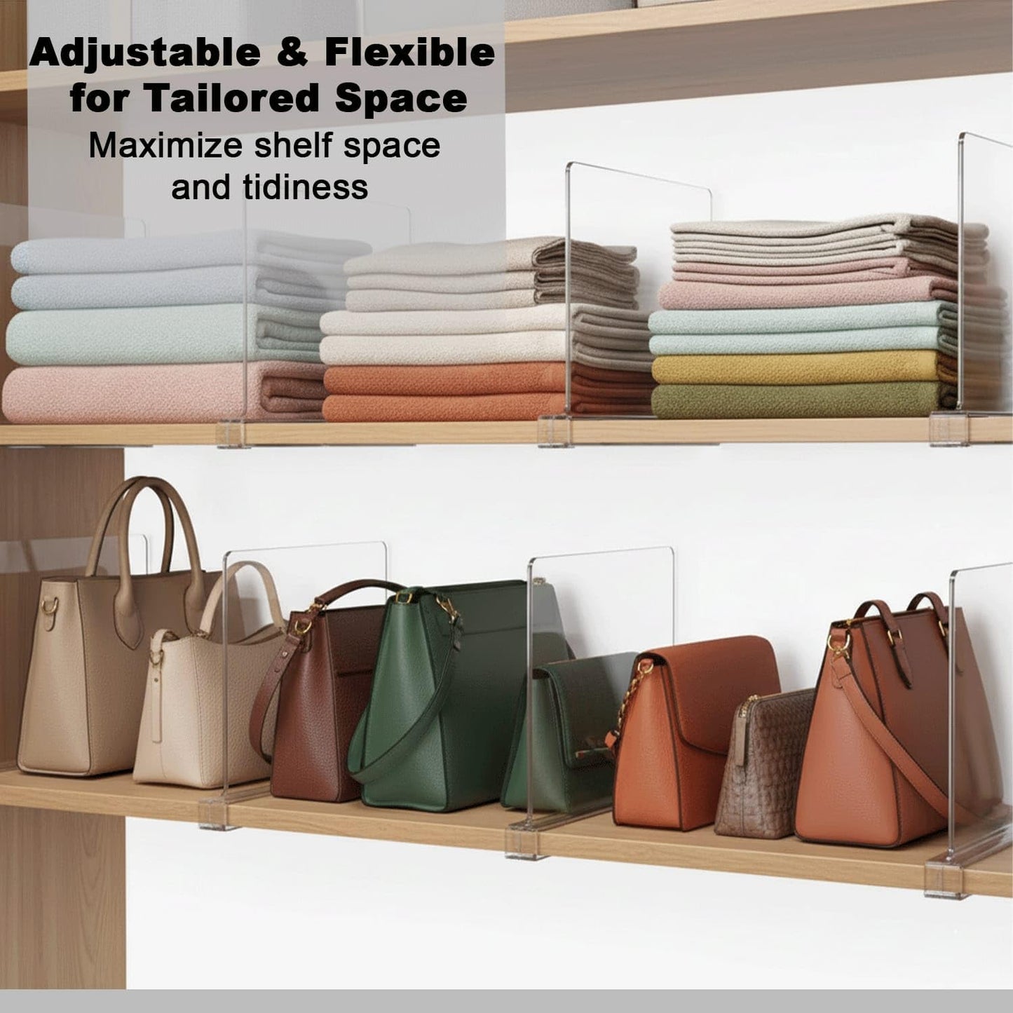 HIGH & SKY 4 Pack Acrylic Shelf Dividers for Closet Organization – Clear Adjustable Closet Shelf Separators for Clothes, Handbags & Towels – Durable Acrylic Shelf Dividers for Neat Shelves & Storage