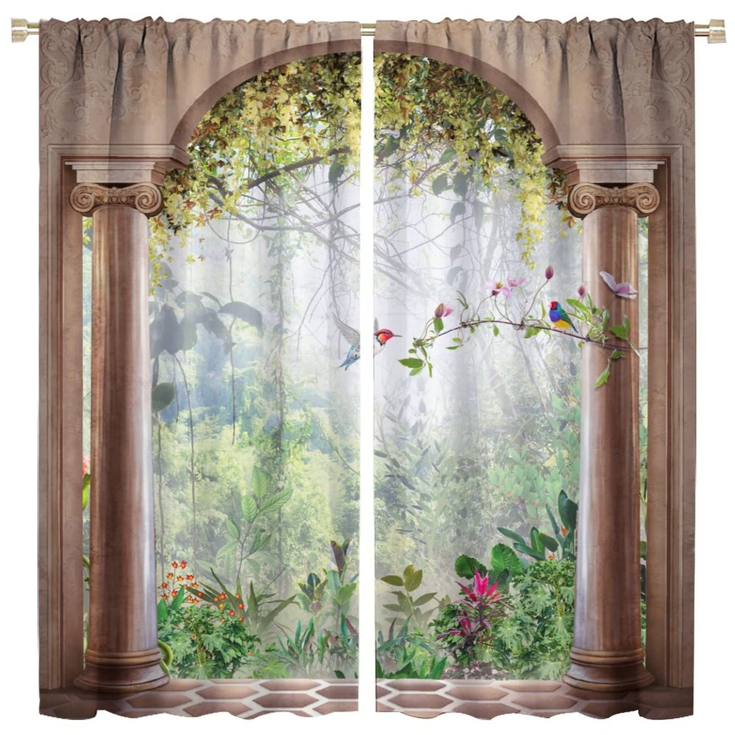Italian Curtains,Tropical Scenery Plant Birls Arch View Room Darkening Door Window Rod Pocket Curtain for Living Room Bedroom Kitchen Bathroom W42xL45in