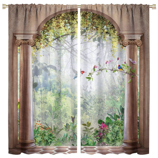 Italian Curtains,Tropical Scenery Plant Birls Arch View Room Darkening Door Window Rod Pocket Curtain for Living Room Bedroom Kitchen Bathroom W42xL45in