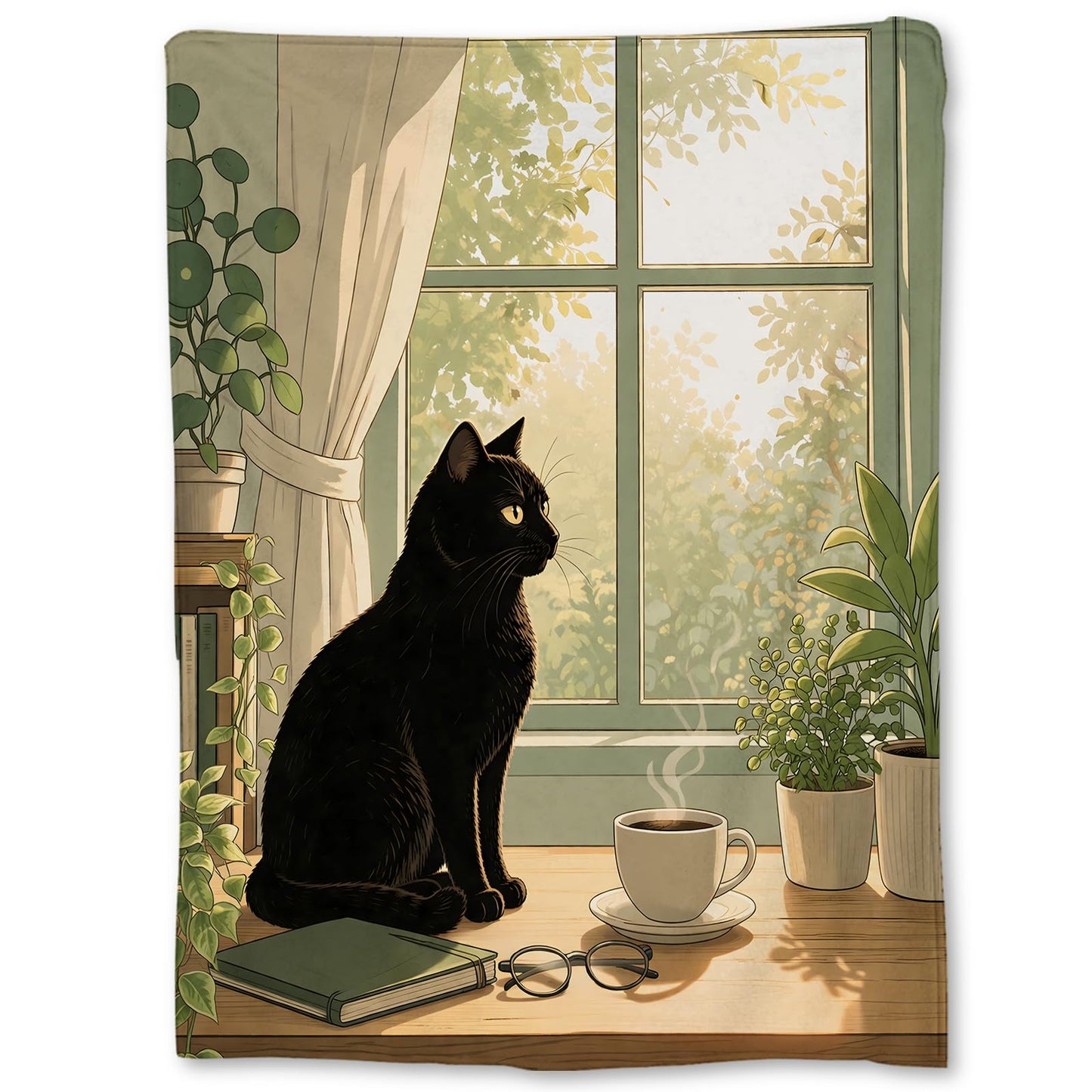 Ti Caldi Black Cat Blanket Gifts, Window Scene with Plants Coffee & Books Flannel Throw Blanket for Couch, Bed, Travel & Decor, Aesthetic Cozy Lightweight Warm Blankets for Women Adults 60×50 in