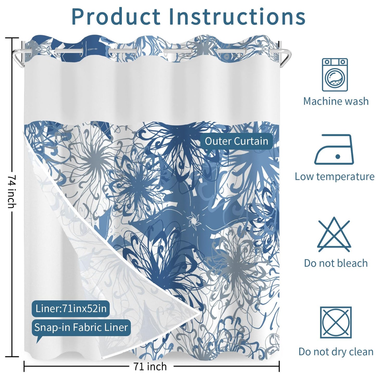 No Hook Shower Curtain with Snap in Liner Set, Boho Modern Blue Abstract Floral Pattern Decorative Waterproof Fabric Shower Curtain for College Dorm Hotel Apartment Bathroom Bathtub, 71x74 Inch