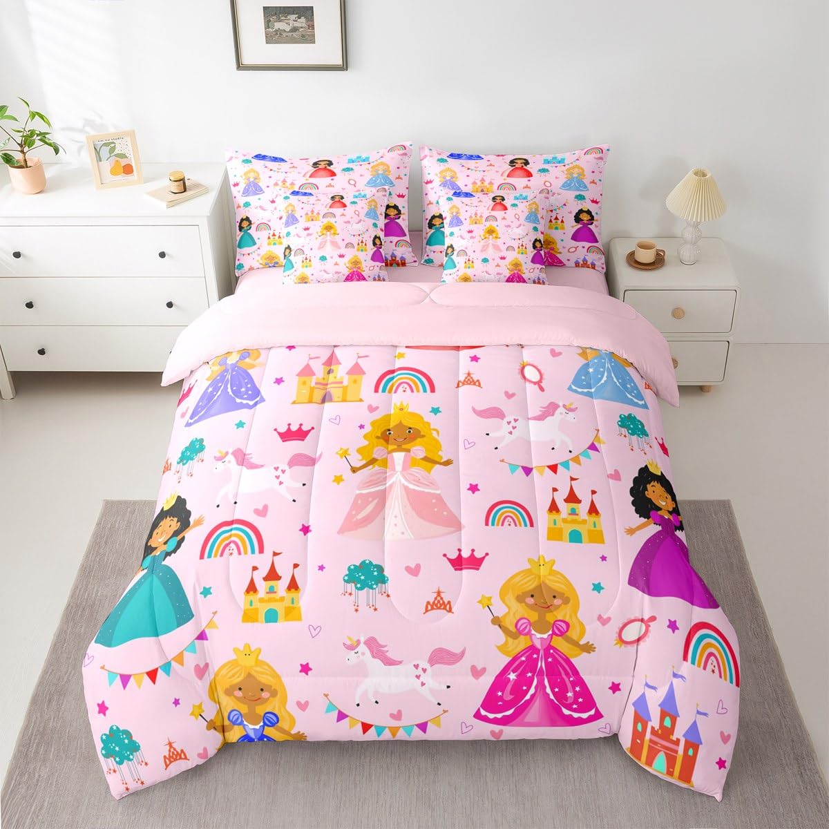 jejeloiu Cute Princess 7 Piece Bedding Set Queen Size Girly Loves Bed in a Bag for Boys Girls Bedroom Decor Pink Clound Rainbow Comforter Set with Sheets,Pillowcases & Cushion Cover Castle Soft