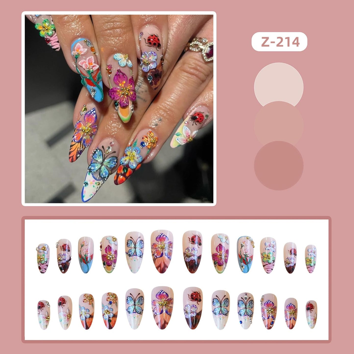 French Tip Press on Nails Medium Almond Shaped Colorful Flower and Butterfly Pattern Design Rhinestones False Nail Blossom Stick on Nail Full Cover Press Ons Almond Tip Glue on Nails for Women