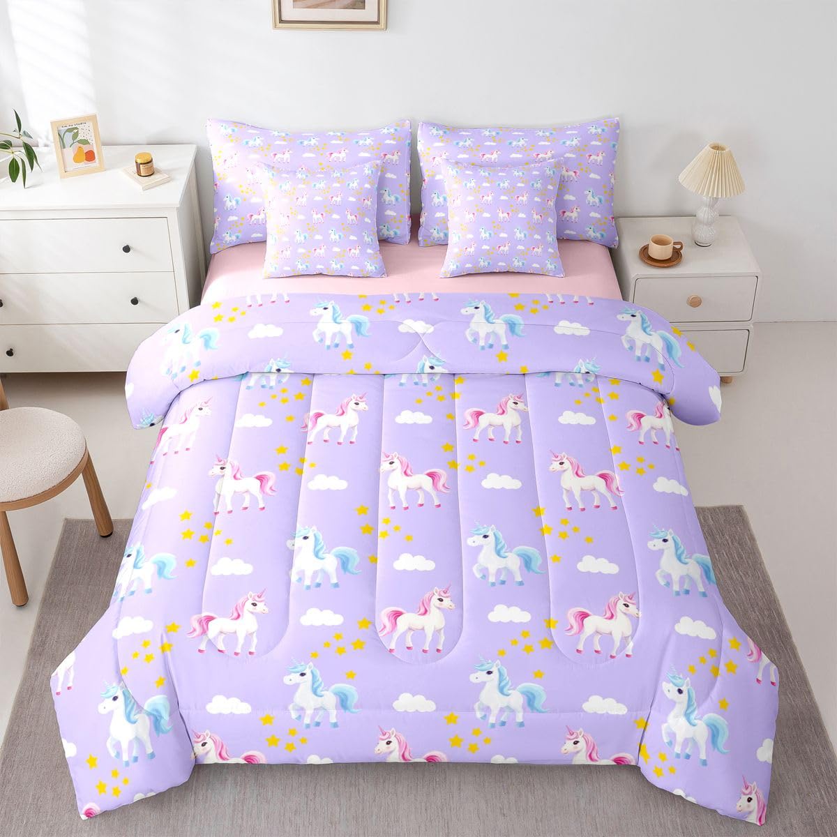 Erosebridal Pink Unicorn 7 Piece Bedding Set King Girly Comforter Set with Sheets Girls Stars Cloud Cute Blue Unicorn Bed in a Bag Princess Purple Dreamy Kawaii for Kids Boys Girls