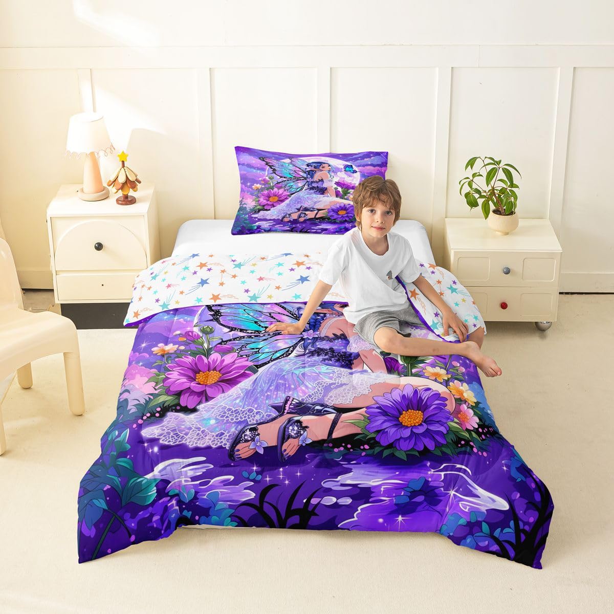 Erosebridal Fairy Girl Bedding Sets Twin - Flower Fairytale Comforter Set for Kids Adults Blue Butterfly Floral Decor Duvet Insert Purple Galaxy Moon Quilt