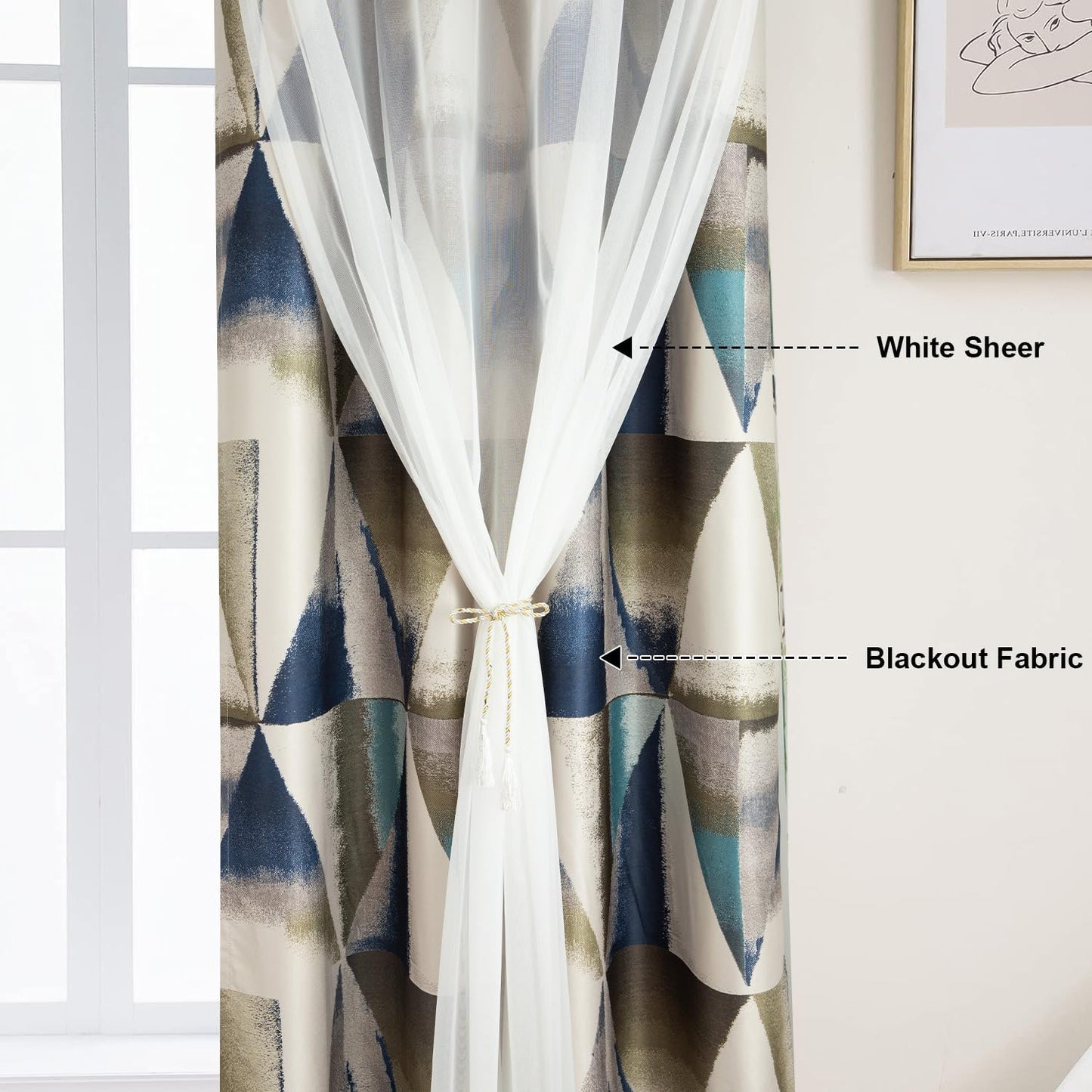 Leeva Elegant Blackout Curtains and Sheer Layered, Grommet Window Curtain Panels with Tiebacks, Light Filtering Drapes for Bedroom Partition Room Dividers, 52 x 96