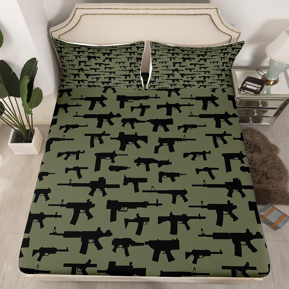 Erosebridal Machine Guns Bed Sheet Set King Size for Boys Teens Men Bedroom Military Theme Bedding Sets,Army Rifle Pattern Fitted Sheet & Flat Sheet Soft Microfiber Sheet Set 3 Piece Army Green