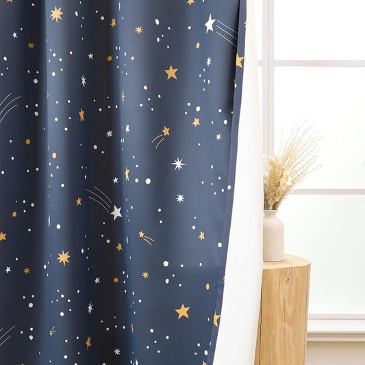 L.Z.E Navy Blue Kids Blackout Curtains 96 Inch for Boys Bedroom, 85% Light Blocking Grommet Top Dark Blue Galaxy Printed Nursery Thermal Noise Reducing Insulated Window Drapes 2 Panels