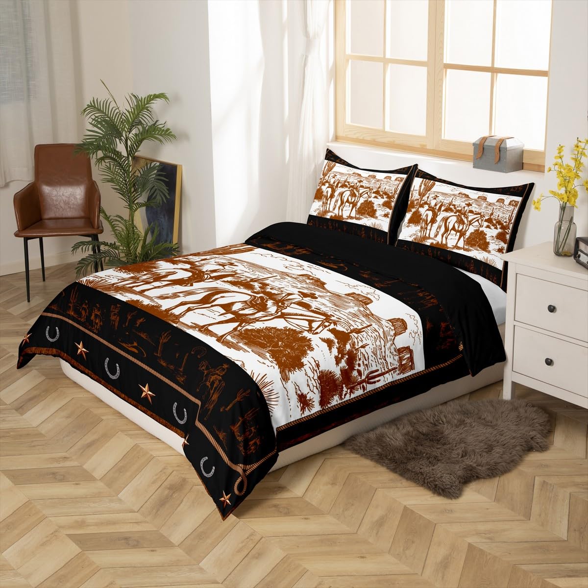 Manfei Western Cowboy Duvet Cover Set Queen Size, Cowboy Horse Western Bedding Set 3pcs, Wild West Cactus Farmhouse Brown Quilt Cover, Kids Boys Teens Room Decor, 2 Pillowcases, No Comforter