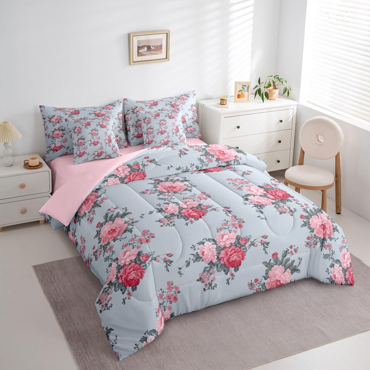 jejeloiu Flower Printed Twin Comforter Set with Sheets for Kids Boys Girls Luxury 7 Pieces Bedding Set Leaves Bed in a Bag Room Decor Soft Lightweight Microfiber
