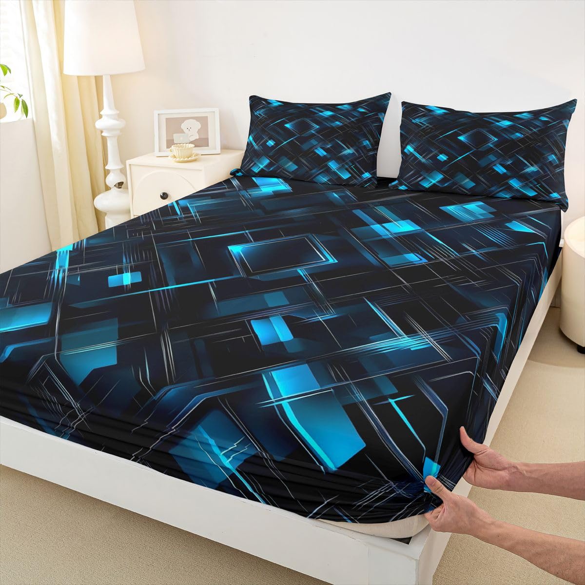 Feelyou Black Blue Bed Sheets Sets Queen Size Kids Boys Girls Geometric Checkered Bedding Set Abstract Stereoscopic Grids Bed Sheet Set with 16-Inch Deep Pockets 4Pcs with 2 Pillow Cases