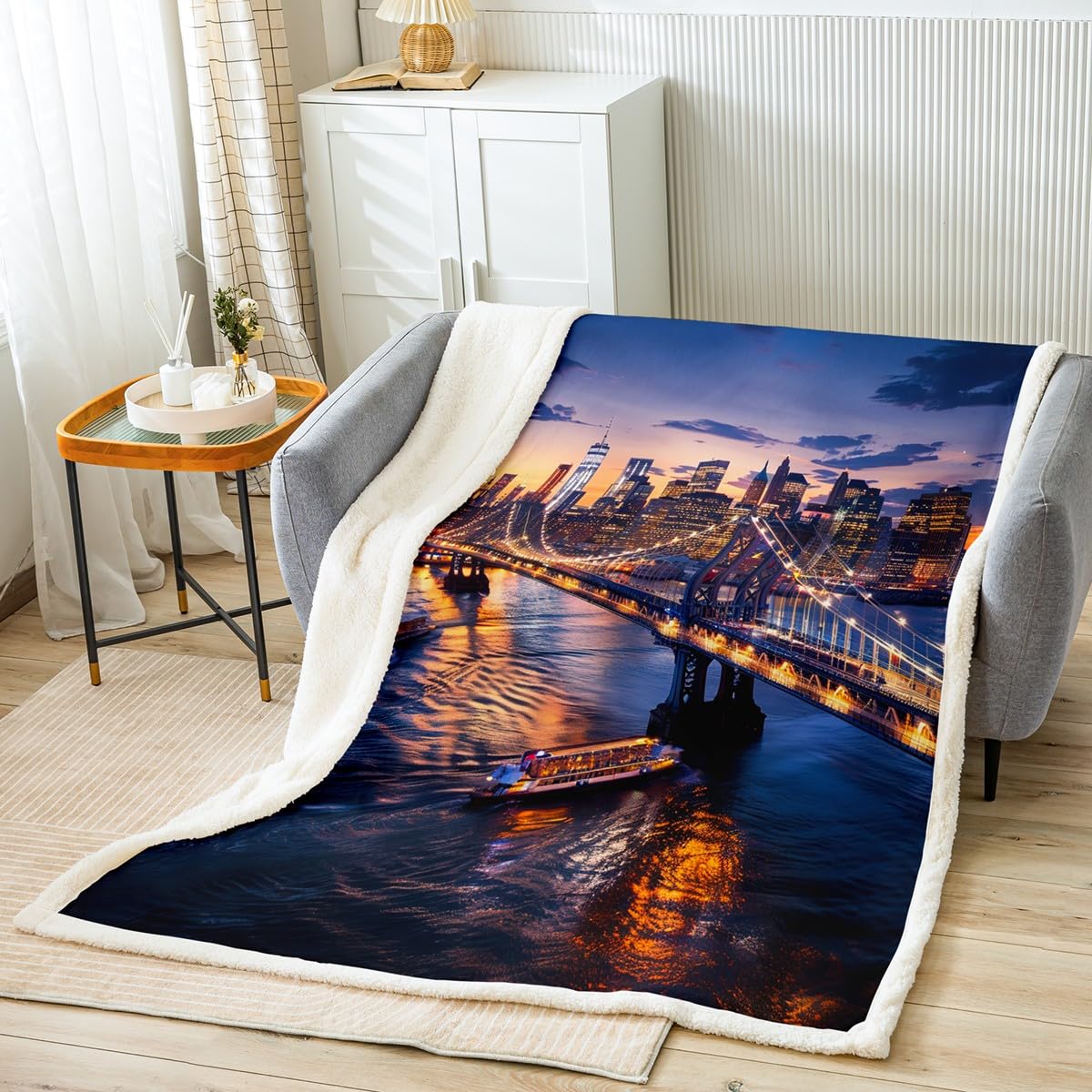 New York City Throw Blanket Cityscape Bed Blanket 50"x60",Manhattan Skyline Fleece Blanket Bridge Sunset Scenery Plush Blanket City Lights Couch Sofa Decor for Boys Girls Youth