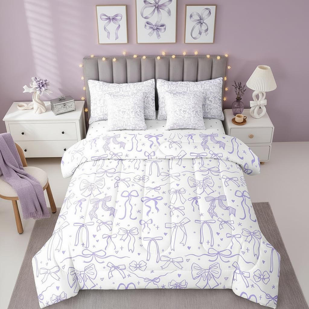 Purple Bowknots 7Pcs Comforter Set Full Size,Cartoon Hand Drawn Stars Love Bow Bedding Set,Kawaii Princess Style Fitted Flat Sheet for Kids Girls Women Teens Room Decor,Romantic 4 Pillow Covers