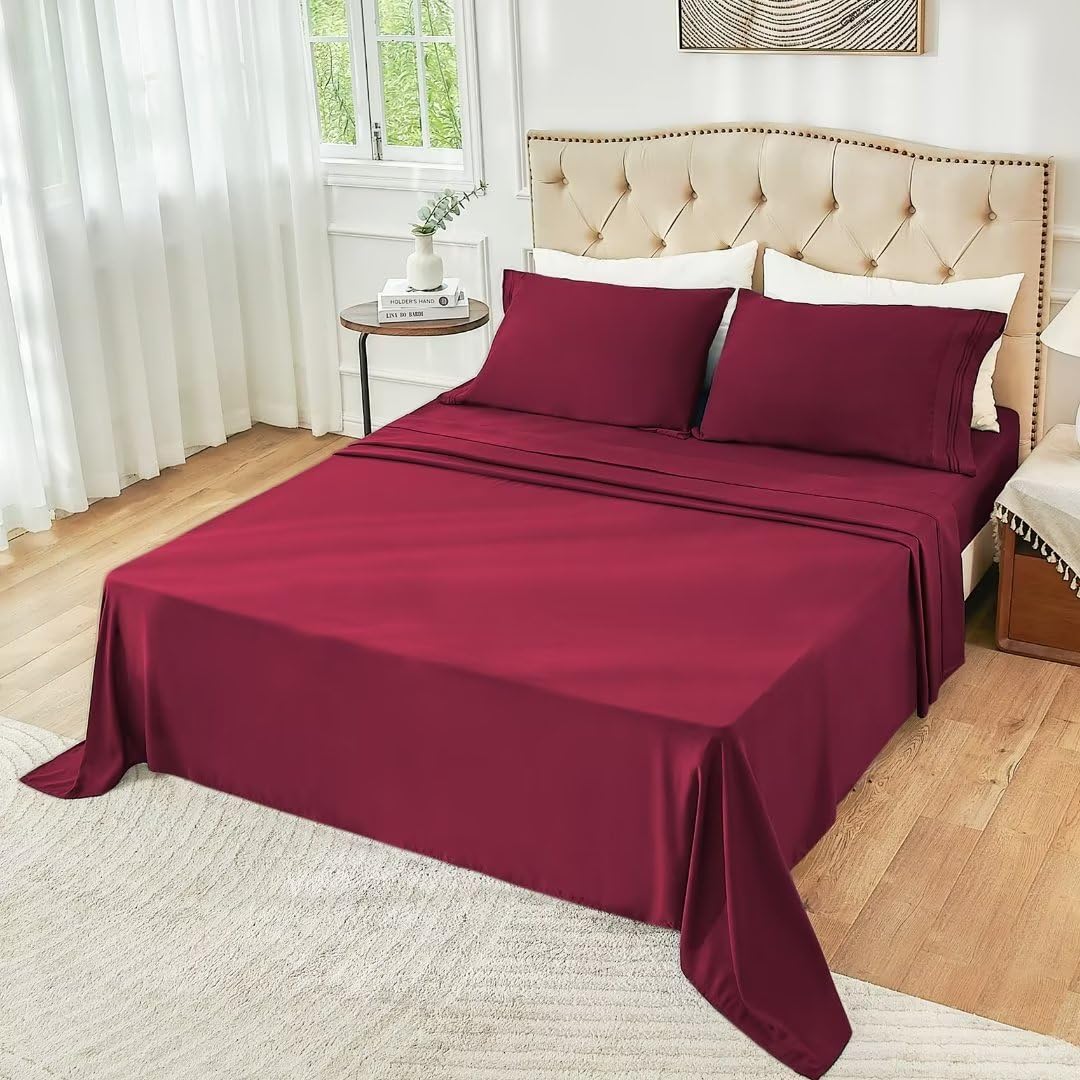 Wine Red Queen Sheet Sets-Luxury Hotel Style-Extra Deep Pocket Fitted Bed Sheet Set-Microfiber Bedding Sheets & Pillowcases-Soft Cooling Bedsheet 4 Piece Burgundy