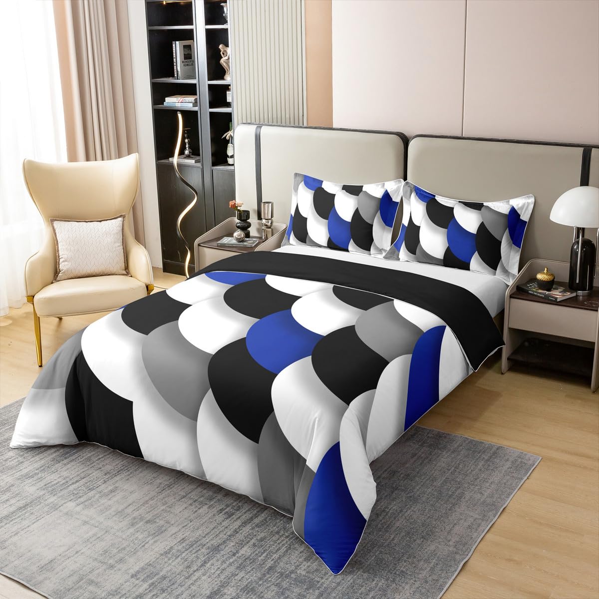 jejeloiu Kids Blue Black White Geometric Bedding Set Queen Size Abstract Art Duvet Cover 100% Cotton for Boys Girls Abstract Comforter Cover（No Comforter）