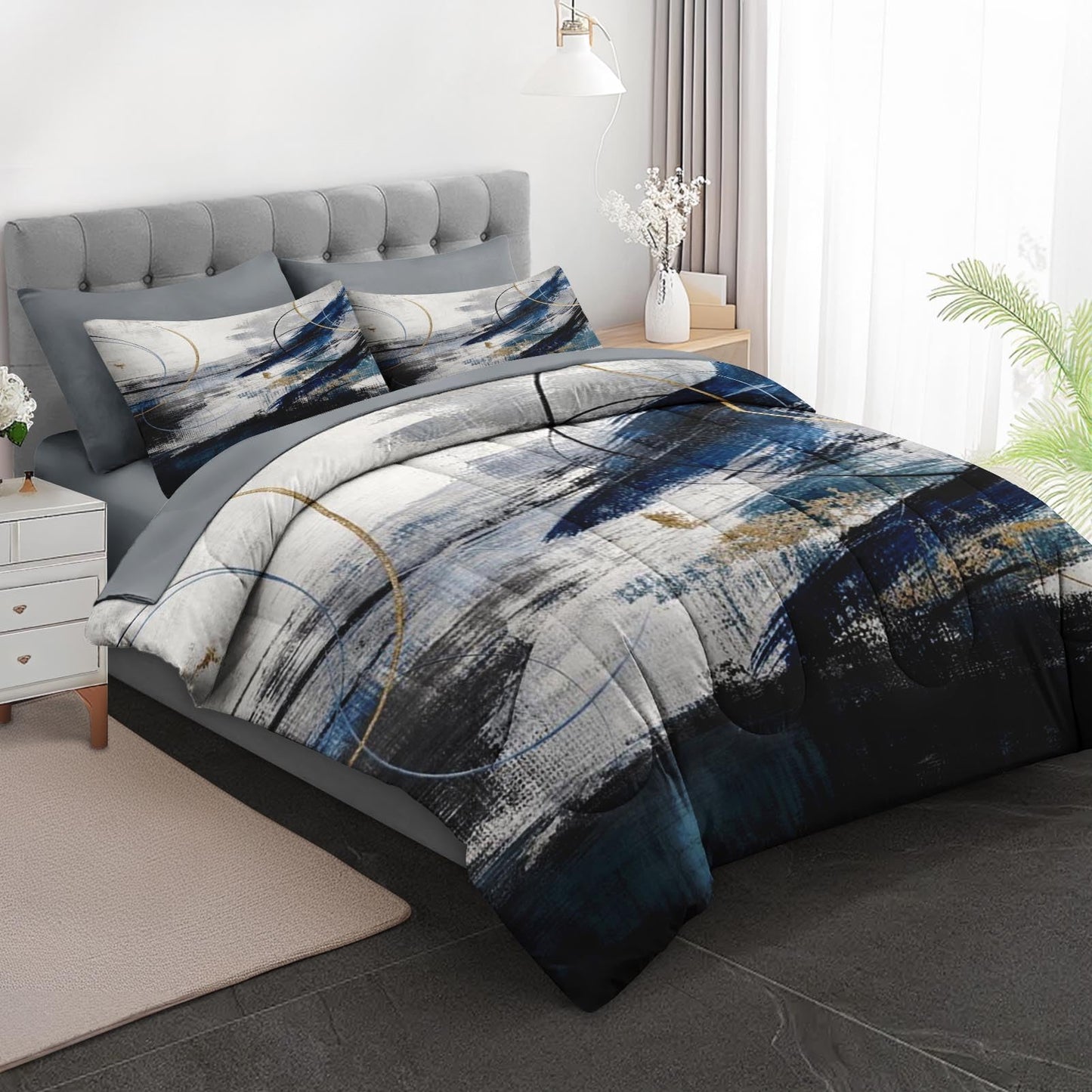Boewywh Comforter Set Twin Size Abstract Modern Navy 7 Pcs, Bedding for Kids and Adults, Bed Sheet Sets with Fitted Sheet 2 Pillowcases & 2 Shams for Bedroom Bed Decor