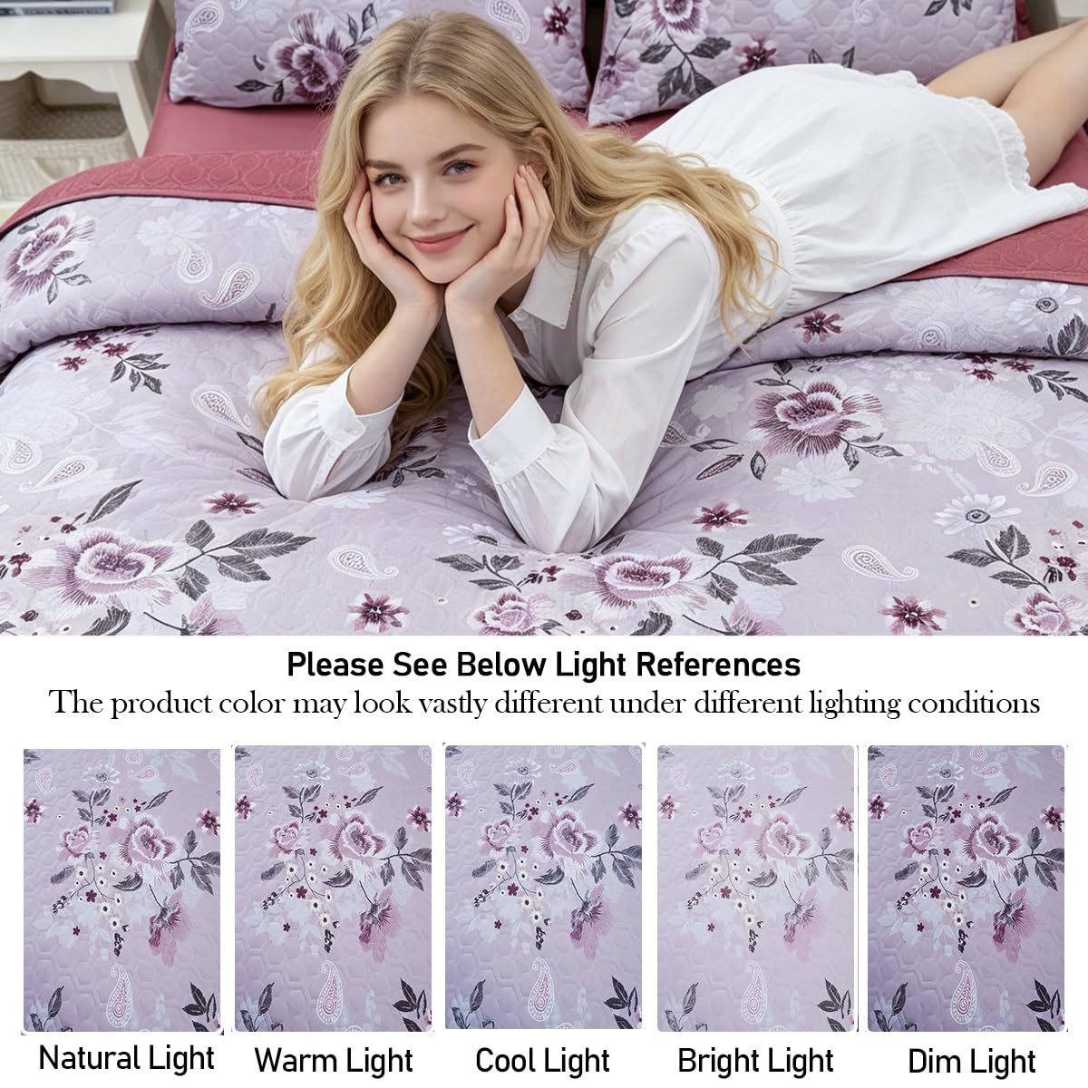 SANOCAY Boho Floral Quilt Set King Size, 3 Piece Lightweight Summer Bedding Set with 2 Pillow Shams, Soft Reversible Microfiber Bedspread, Farmhouse Coverlet for All Season (Dark Purple Rose, King)