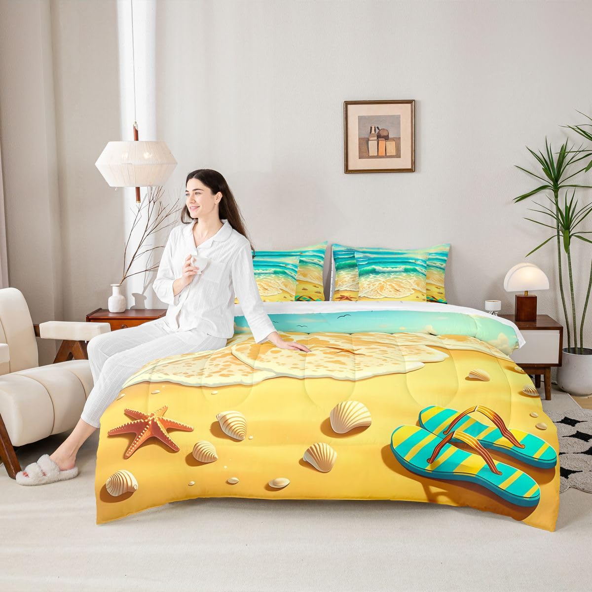 Erosebridal Tropical Beach Queen Bedding Set Cute Coastal Starfish Seashell Comforter Set Kids Adults Nautical Ocean Wave 7-Piece Bed in a Bag Turquoise Yellow Summer Vacation Art Quilt Sets