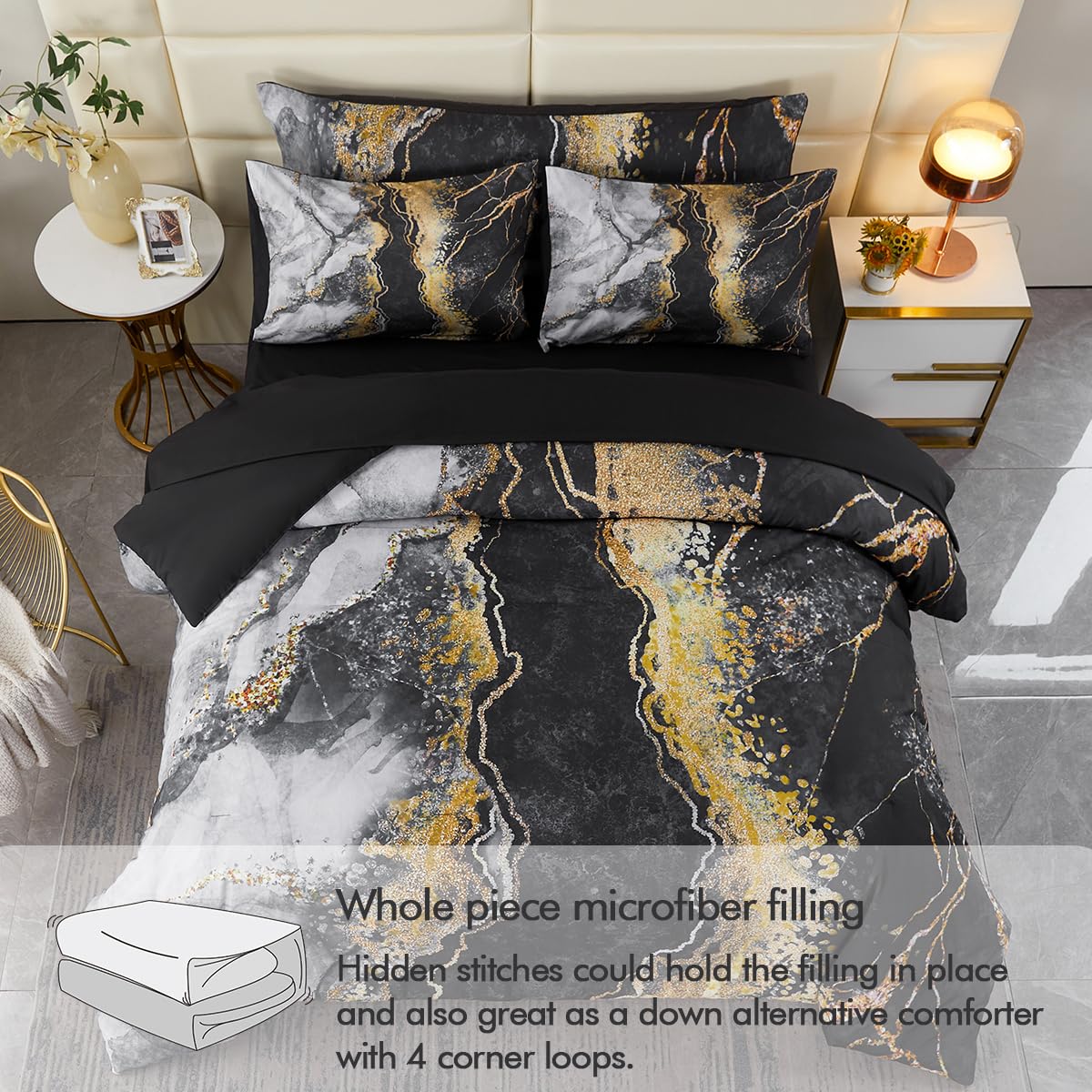 PERFEMET 6 PCS Bed in a Bag Black Watercolor Marble Printed Comforter Set for Queen Bed Burning Mountain Pattern Bedding Set with Sheets Retro Artwork Design Quilt Sets(Black, Queen)