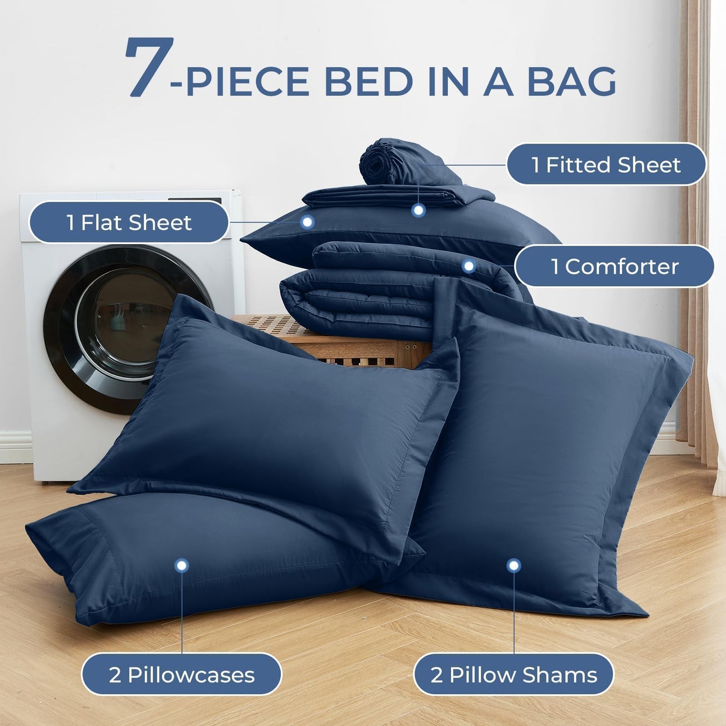 Sasttie Queen Comforter Set, Navy 7 Pieces Bed in a Bag Queen, Complete Bedding Set Includes Comforter, Flat Sheet, Fitted Sheet, Pillowcases and Pillow Shams, Navy