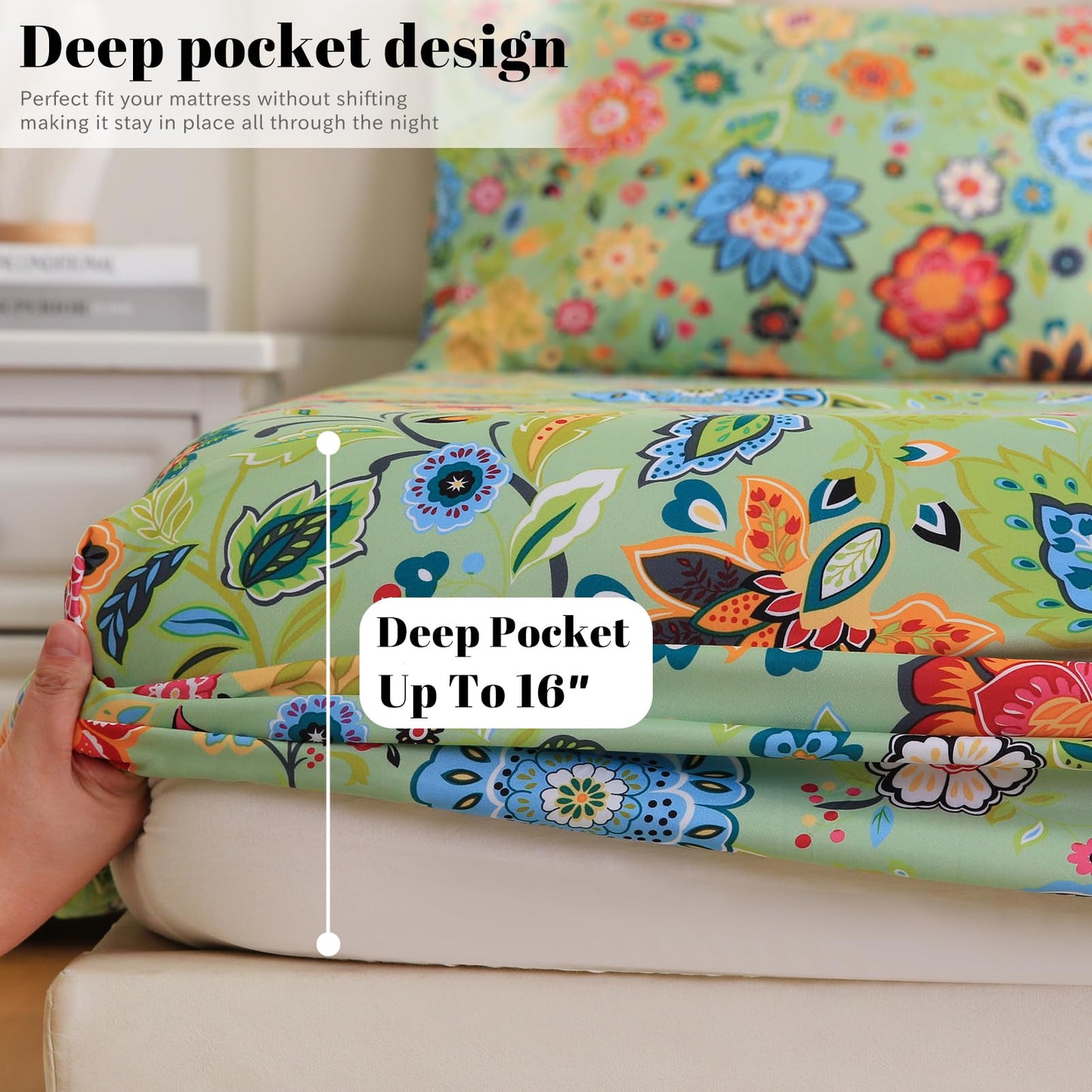 Bedlifes King Sheet Set Ultra Soft, Breathable, Silky Flower Deep Pocket 100% Microfiber Bedding, 4 Piece King Size with Floral Sage Green