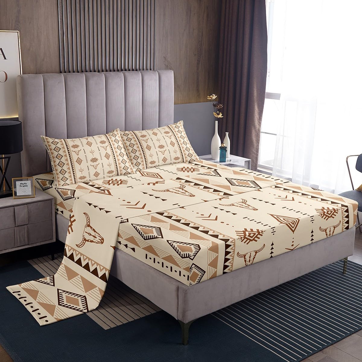 Erosebridal Bohemian Aztec Bed Sheets Set Full Size, Western Bull Skull Flat Fitted Sheet for Girls Boys Women Men Bedroom, Geometric Farmhouse Bedding Set, Southwestern Native Bed Sets