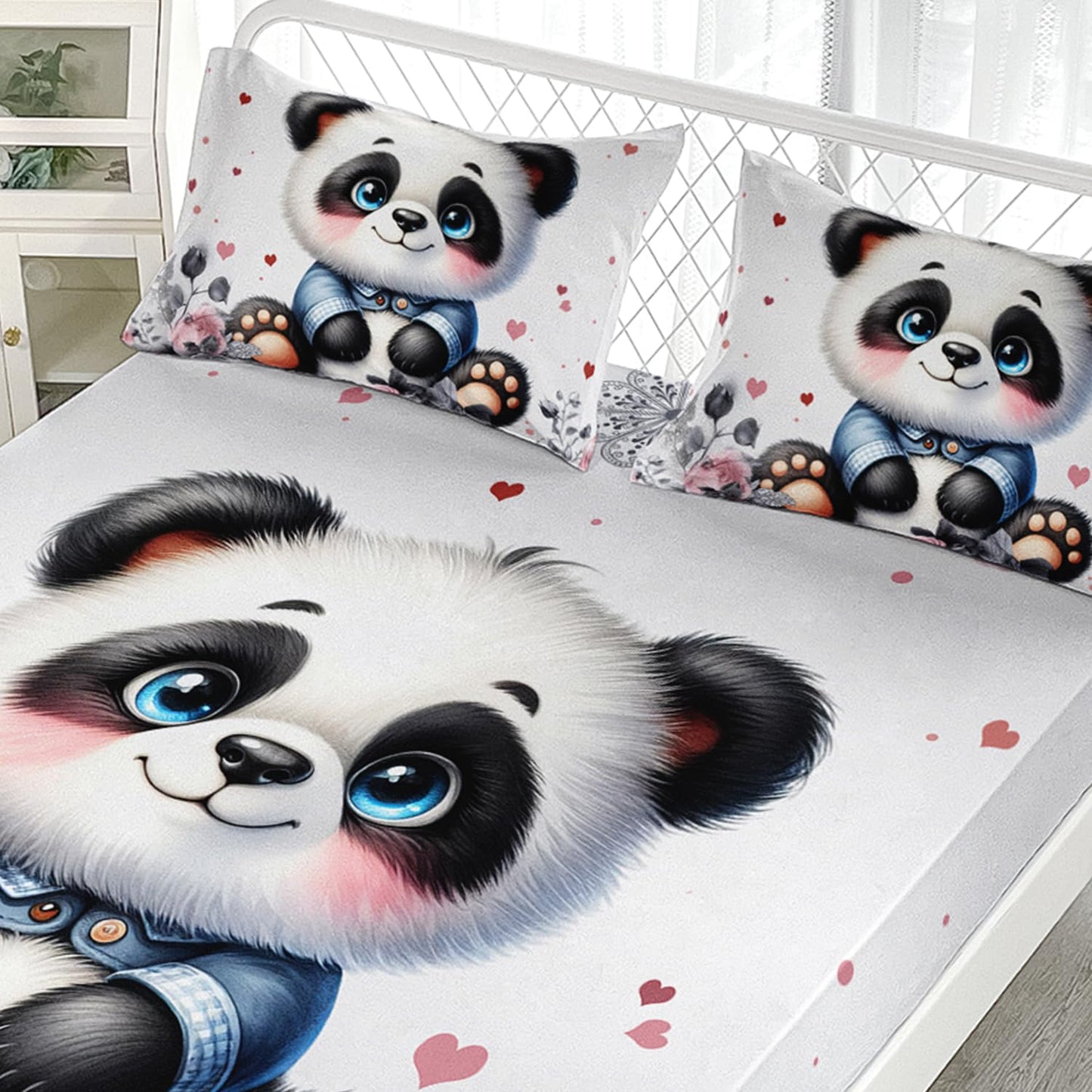 AILONEN Kawaii Panda Fitted Sheet Set Twin XL Size, Rose Flower Plant Bedding Set Perfect for Kids Girls Bedroom,Cute Cartoon Animal Print Bed Sheet Set,3-Pieces,1 Fitted Sheet + 2 Pillowcases