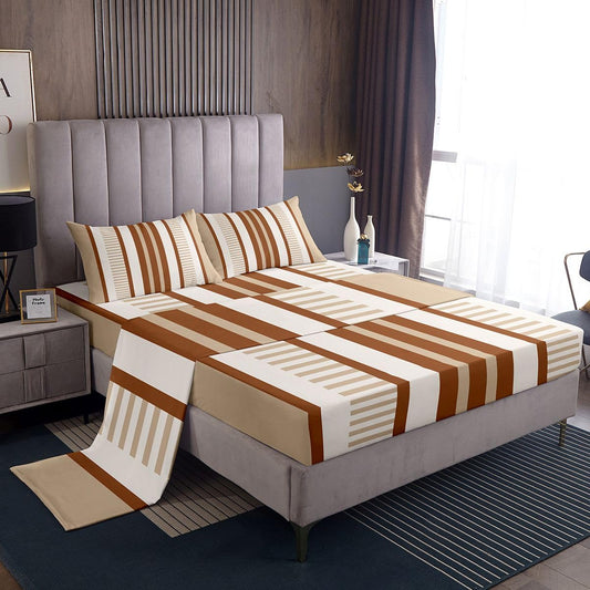 jejeloiu Modern Geometric Bed Sheets Sets Full Size Kids Boys Girls Striped Bedding Set Beige Brown Bed Sheet Set with 16-Inch Deep Pockets Checkered 4Pcs with 2 Pillow Cases