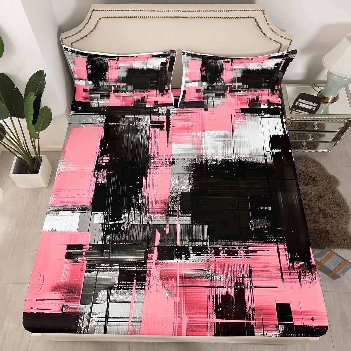 jejeloiu Abstract Fitted Sheet with 1 Pillowcase Twin Size Black Pink Bed Sheets Set 16" Deep Pocket Boys Girls Art Aesthetic Bedding Teens Bedroom Decor Breathable Soft